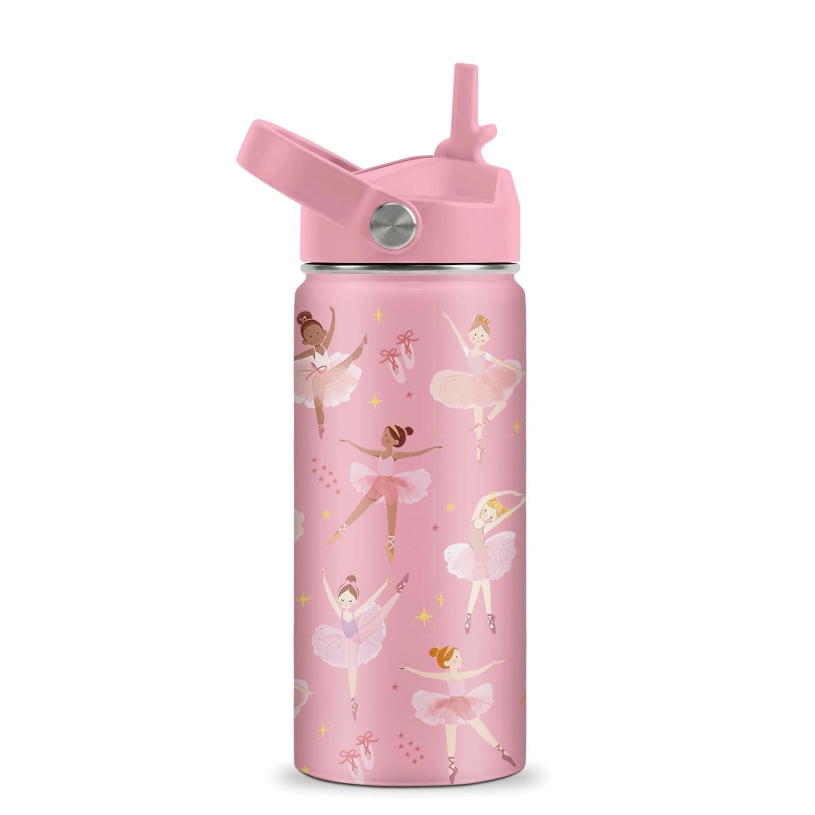 Ballet Water Bottle for Girls - 16oz Dance Stainless Steel Water Bottle with Straw - Cute Dancer Insulated Cup - Pink Ballerina Kids Tumbler for School, Sports, Travel