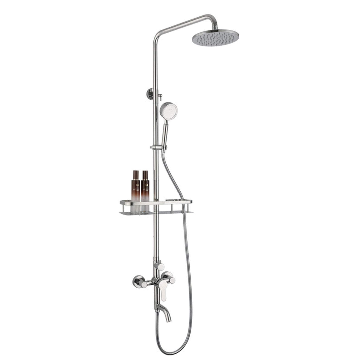 Wall Mounted Shower System Stainless Steel, Rainfall Shower Set Silver with Overhead Shower Head Shelf Tap, Adjustable Height Shower Mixer Set for Bathroom Hotel