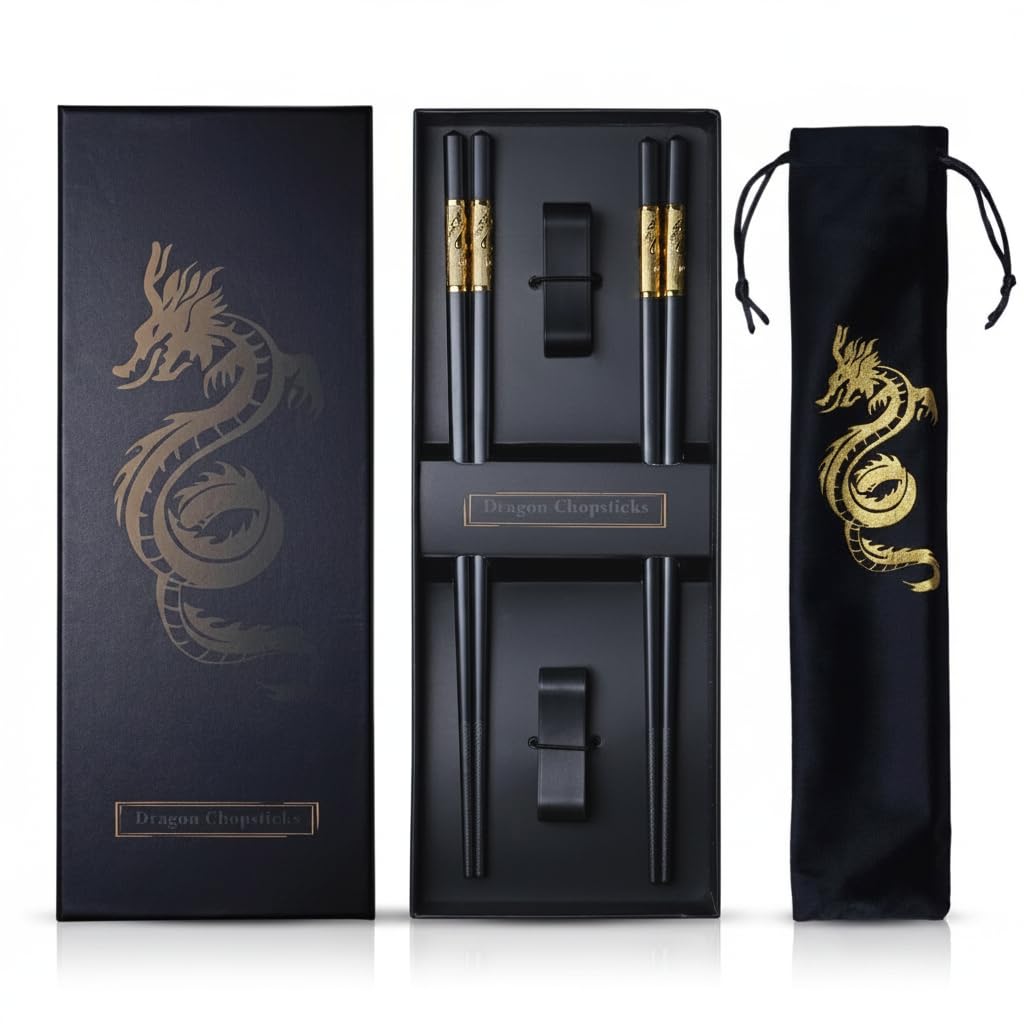 Youda Golden Dragon Chopsticks Set-Premium Alloy Metal Reusable Chopsticks with Holder & Gift Bag, Traditional Chinese & Japanese Style Design, Dishwasher Safe, Elegant Gift Box (2 Pairs)