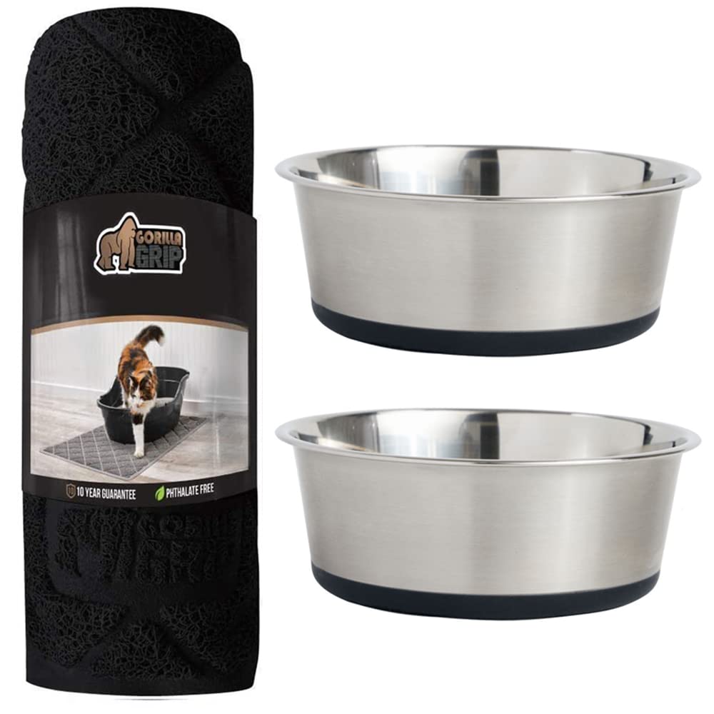Gorilla Grip Thick Cat Litter Trapping Mat and Stainless Steel Dog Bowls Set of 2, Cat Mat is 35x23 Inch, Stainless Steel Dog Bowls Hold 2 Cups, Both in Black Color, 2 Item Bundle