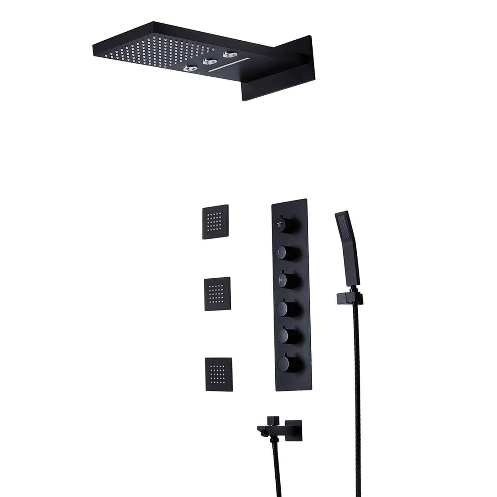 Shower System Matte Black, Modern Shower Faucet Sets with Waterfall Rain Shower Head, Handheld Shower Spray, Tub Spout, Body Jets, Brass Thermostatic Valve