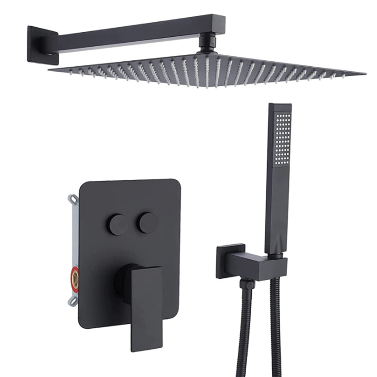 Black Shower Faucet Set Push Button Shower System Bathroom 12 Inch Square Rain Shower Head and Handheld Shower Set,Wall Mounted Rainfall Shower Fixtures