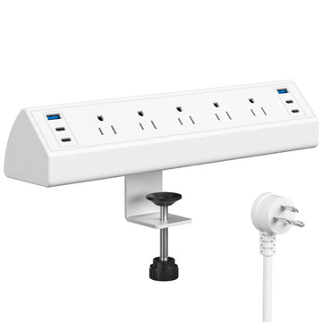 Jgstkcity Desk Clamp Power Strip USB C,Table Surge Protector | 1200J,Total 40W Charging Hub,5 Outlets & 6 USB,6FT Extension Cord,Fits 1.96" Desktop Edge,Office,Gaming,Dorm,White