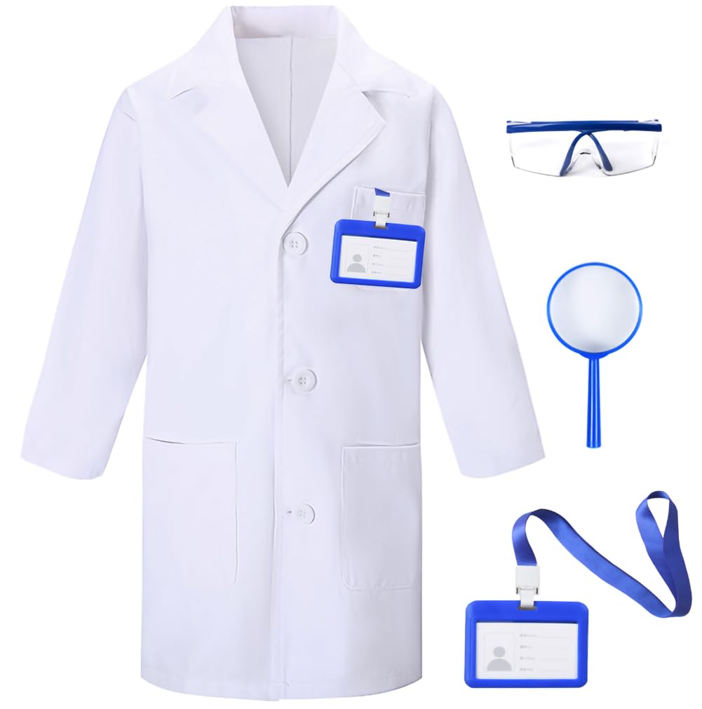 TOGROP 4Pcs Doctor Scientist Lab Costume for Kids Role Play Thick White Coat Birthday Party Gift 3-12 Years