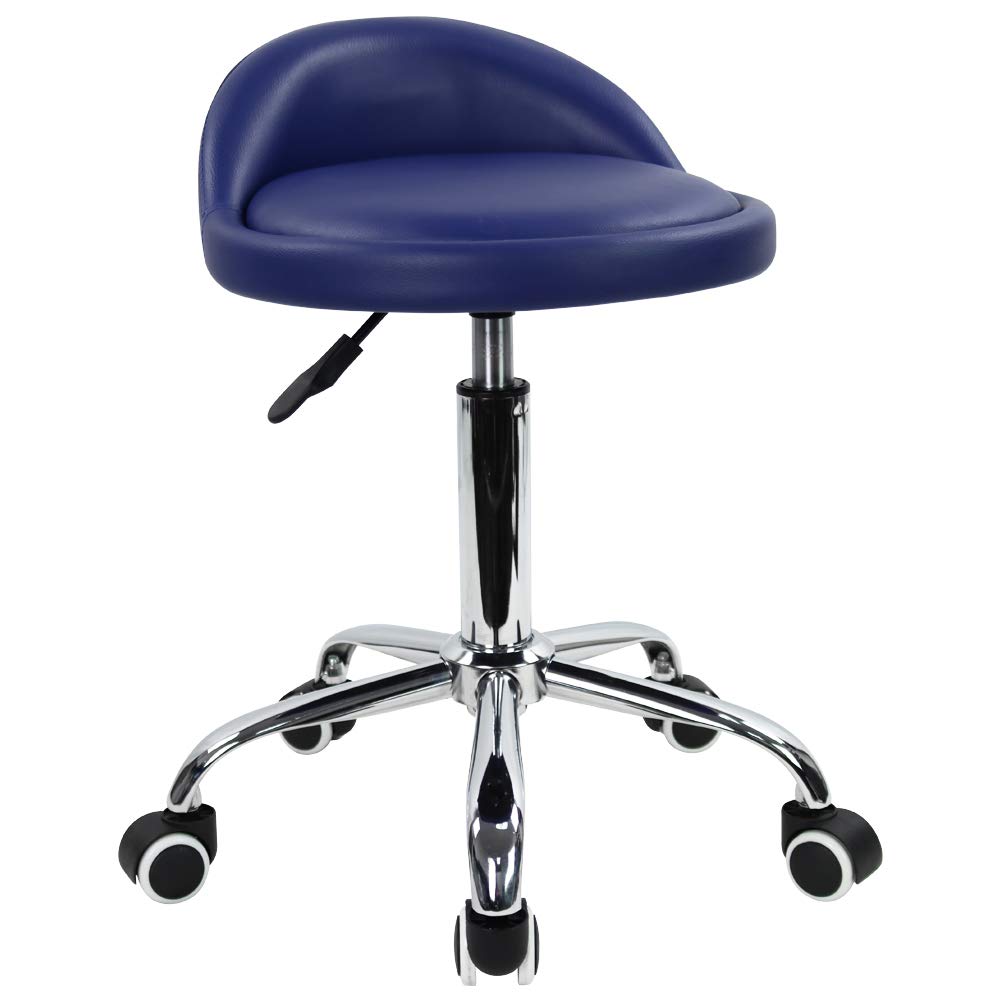 Kktoner Pu Leather Round Rolling Stool with Back Rest Height Adjustable Swivel Drafting Work Spa Task Chair with Wheels (blue)