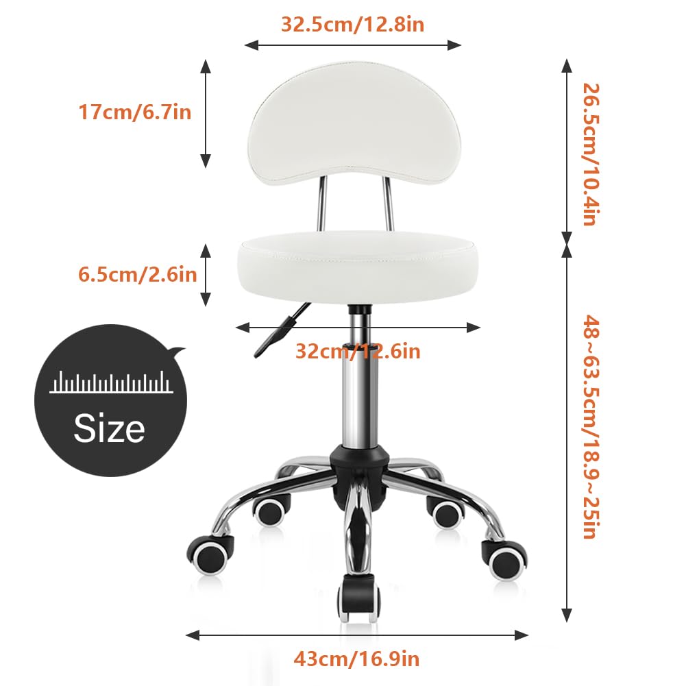 Kktoner Rolling Stool with Mid Back Height Adjustable Chair Pu Leather Swivel Chair with Wheels for Office Home Task Drafting (white)