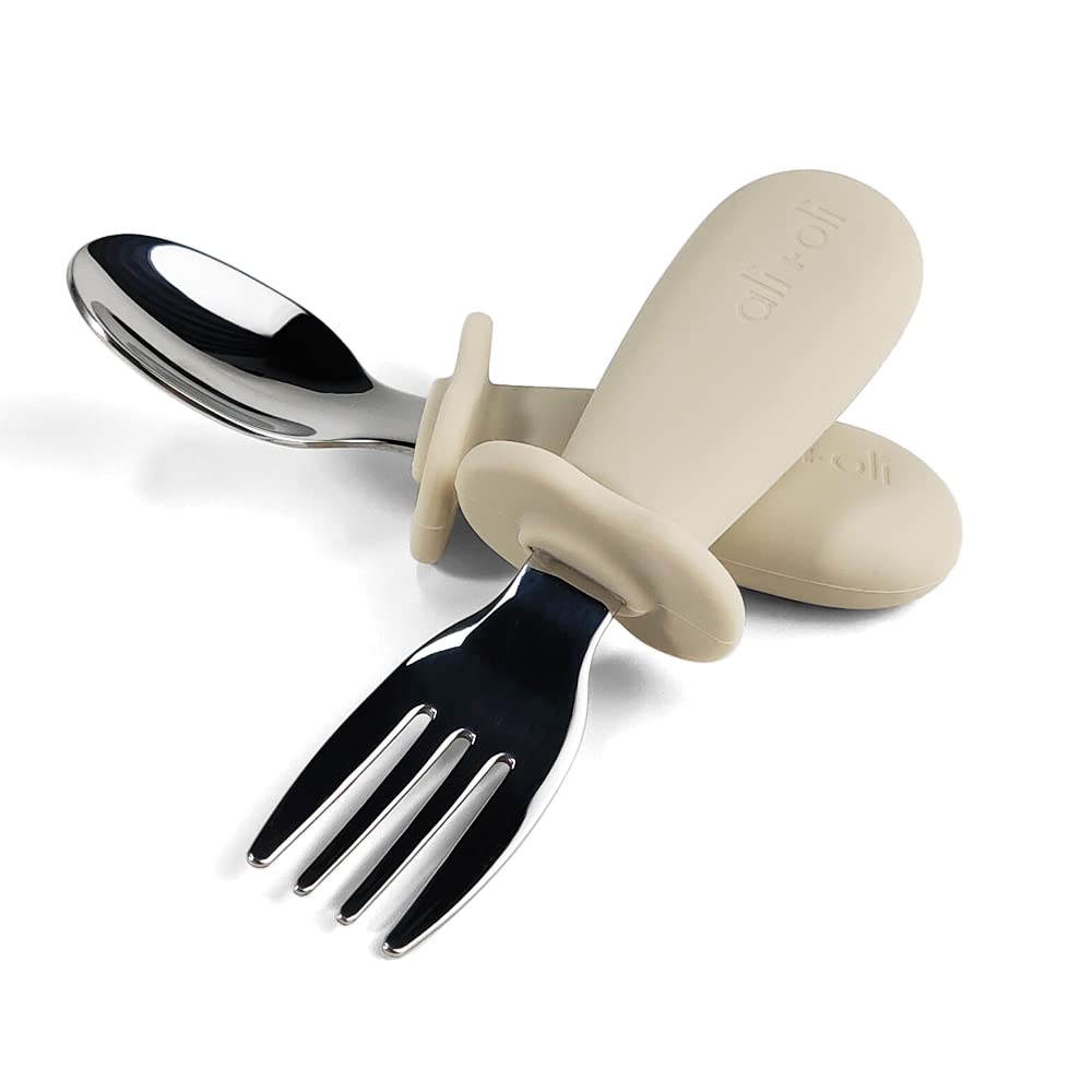 Ali+Oli Spoon & Fork Learning Set for Toddlers (Khaki) 6m+ Grab Easy BPA Free Food-Grade Silicone Handle, Kids Silverware Self Feeding Baby Utensils, Multi-stage Baby Feeding Set Ergonomic Design