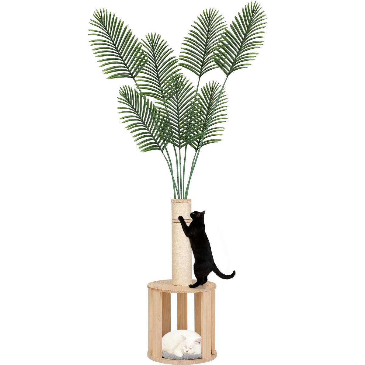 82.7'' Tall Modern Cat Tree for Indoor Cats,Artificial Areca Palm Tree Cat Tower with Solid Wood Cat Bed,Nature Sisal Scratching Post,Removable Mat,Aesthetic Cat Activity Center for Small Medium Cats