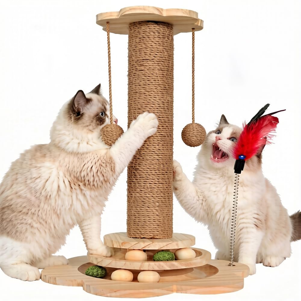 Scratching Post - 4 in 1 Cat Scratch Post, Interactive Cute Small Wooden Cat Scratcher with 2 Level Catnip Toys Balls & 2 Sisal Hanging Balls for Indoor Kitten Kitty