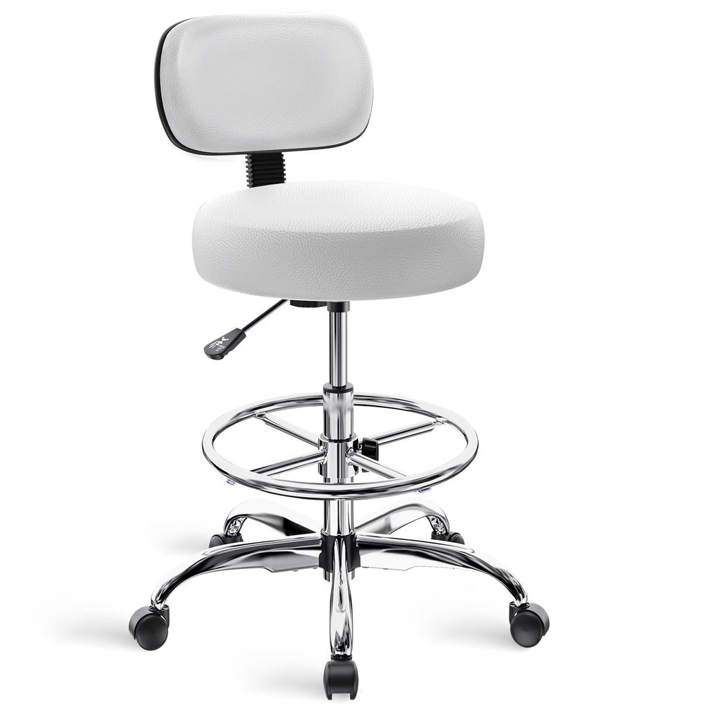 Superjare Drafting Chair with Backrest, Adjustable Foot Rest Rolling Stool, Height: 23.6" - 32.2", White