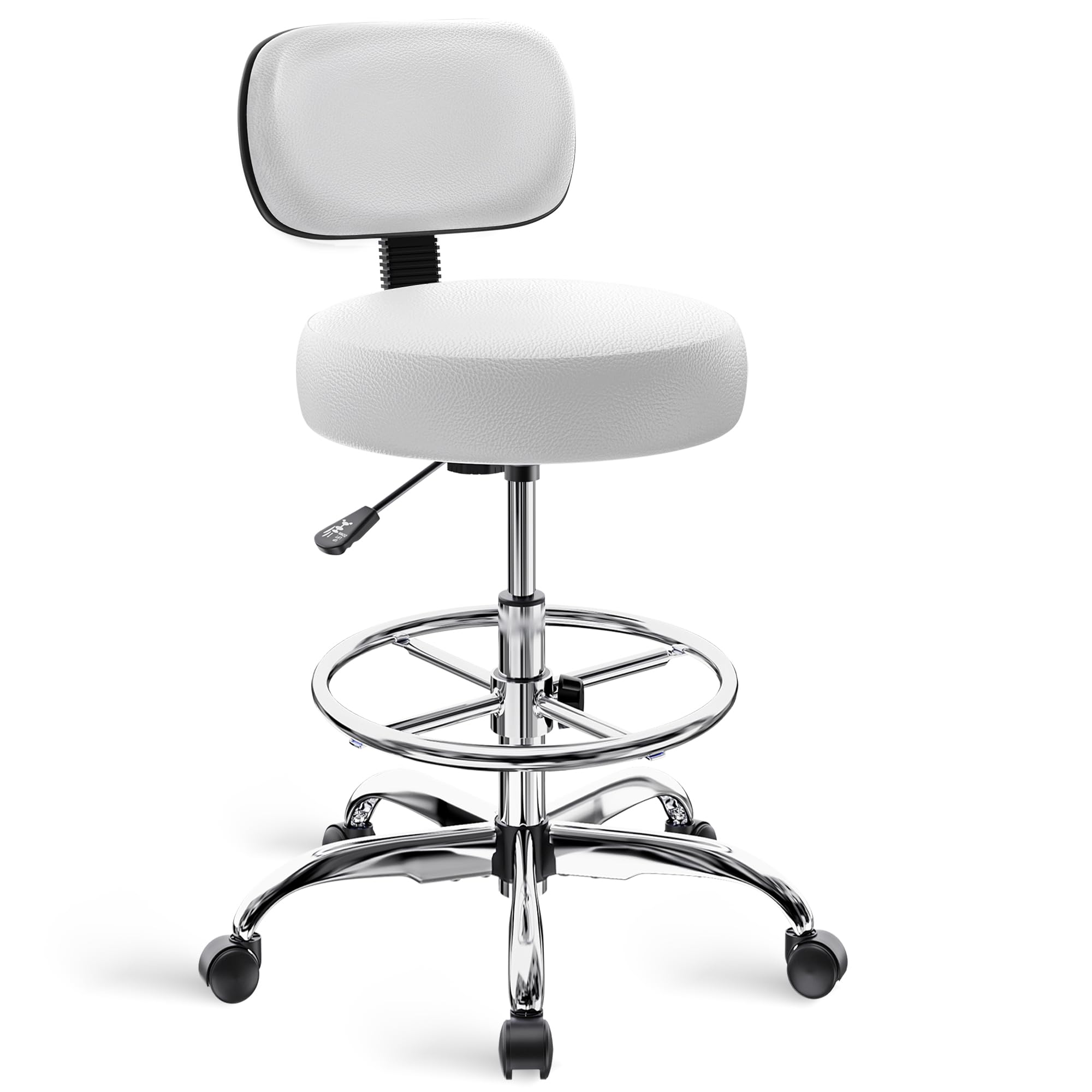Superjare Drafting Chair with Backrest, Adjustable Foot Rest Rolling Stool, Height: 23.6" - 32.2", White