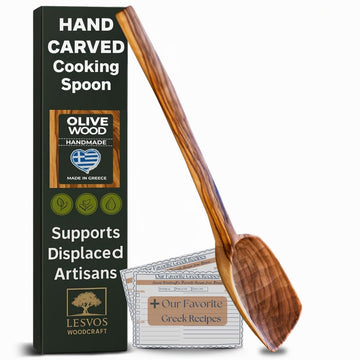 LESVOS WOODCRAFT Olive Wood Cooking Spoon - Handmade Wooden Spoons for Cooking, Non Toxic Wooden Utensils, Ergonomic Grip, Deep Bowl for Frying & Serving - Artisan Gift, Greek Recipe Included