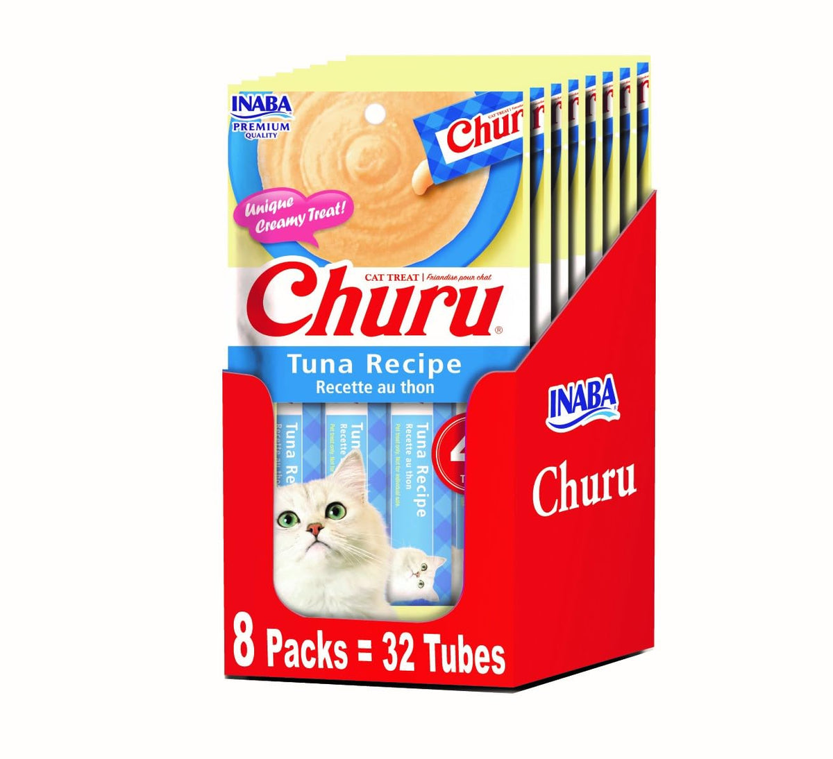 INABA Churu Lickable Purée Natural Cat Treats - Tuna Recipe (4 Servings per Package, 8 Packages) (32 Tubes)