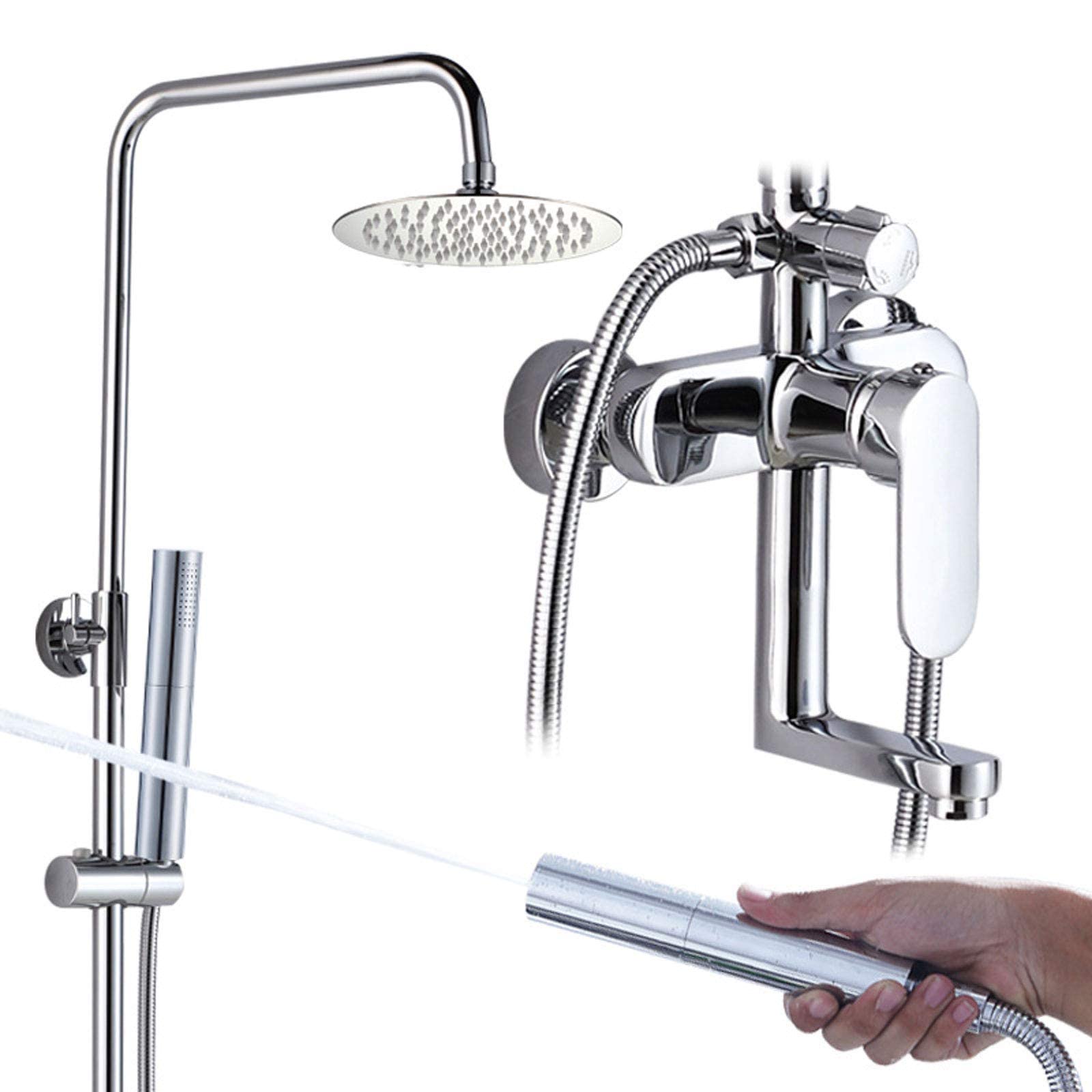 Rainfall Chrome Shower System, Hand Held Adjustable Shower Set with Overhead Shower Head Tap, Wall Mounted Shower Mixer Set Brass for Bathroom Hotel
