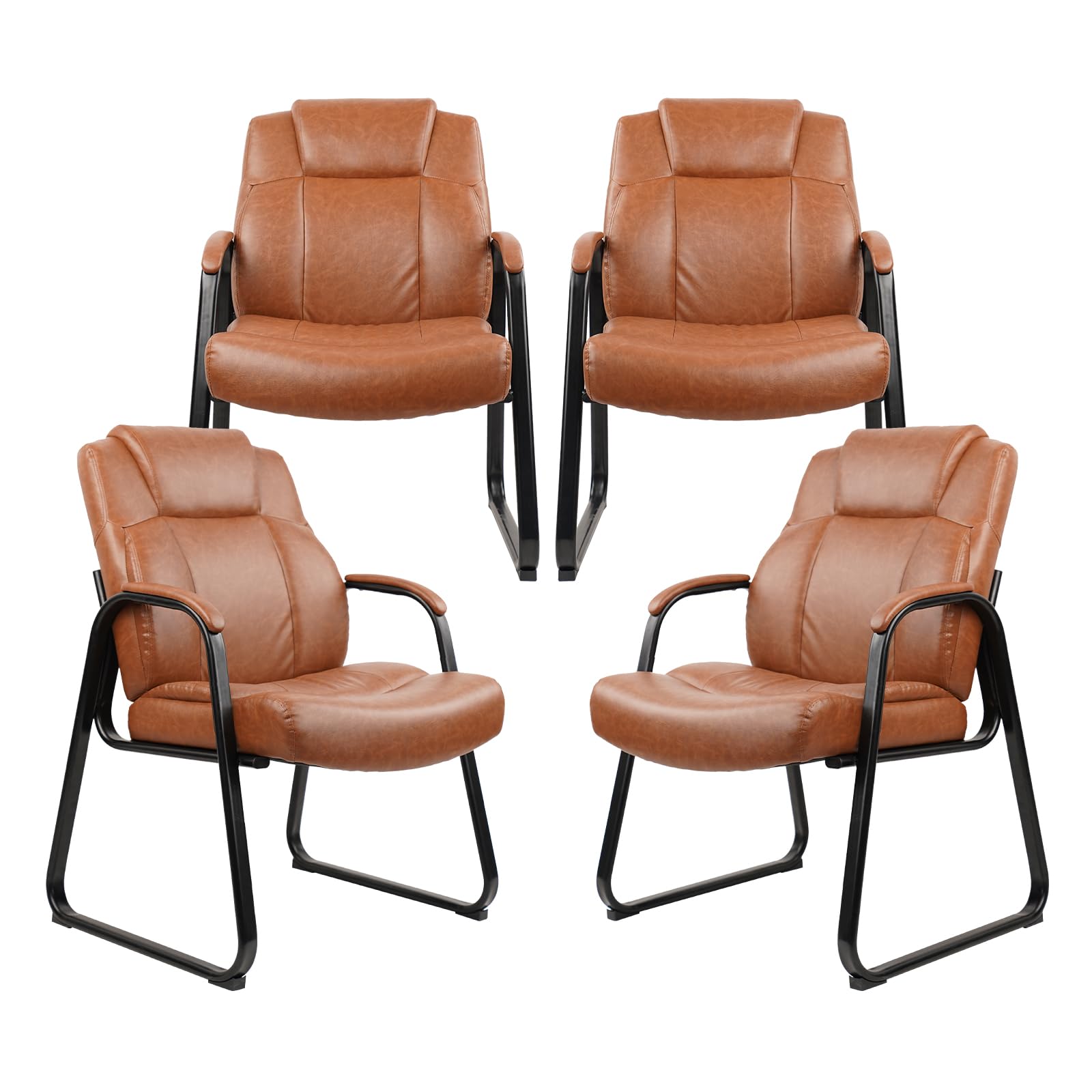 Clatina Big and Tall Office Chair Set of 4 500lbs Leather Reception Chair with Bonded Padded Armrest Wide Seat Sled Base Desk Chair No Wheels