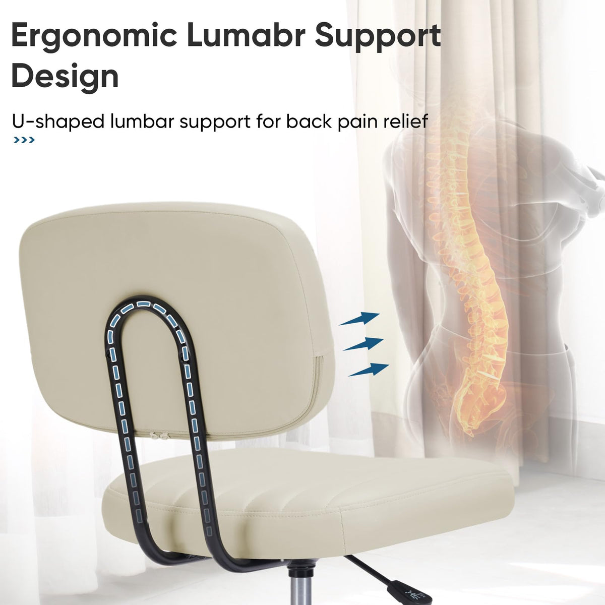 Dumos Armless Office Chair, Small Home Desk Chair, Lumbar Support, Compact, Beige