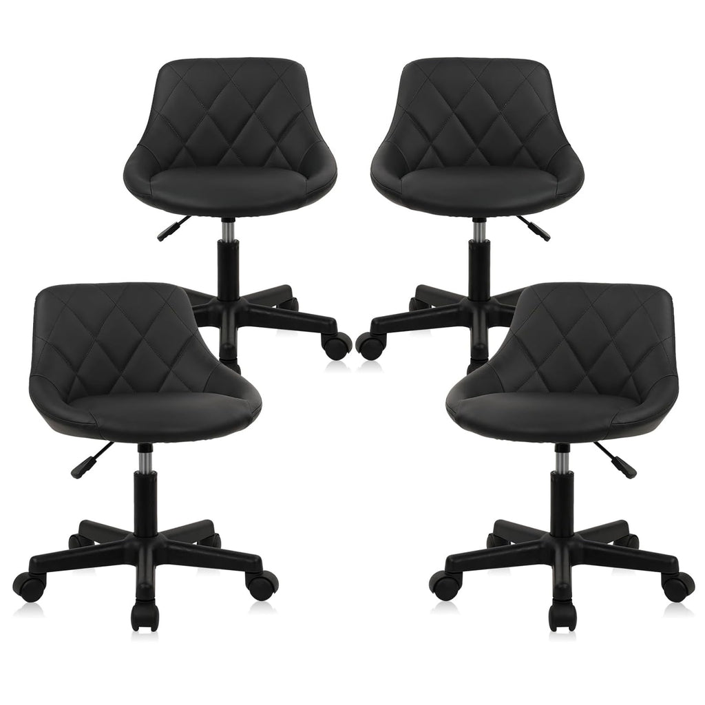 Klasika Black Low Back Rolling Stool Pu Leather Vanity Stools, Set of 4 Makeup Salon Spa Stools, Adjustable Height Ergonomic Swivel Rolling