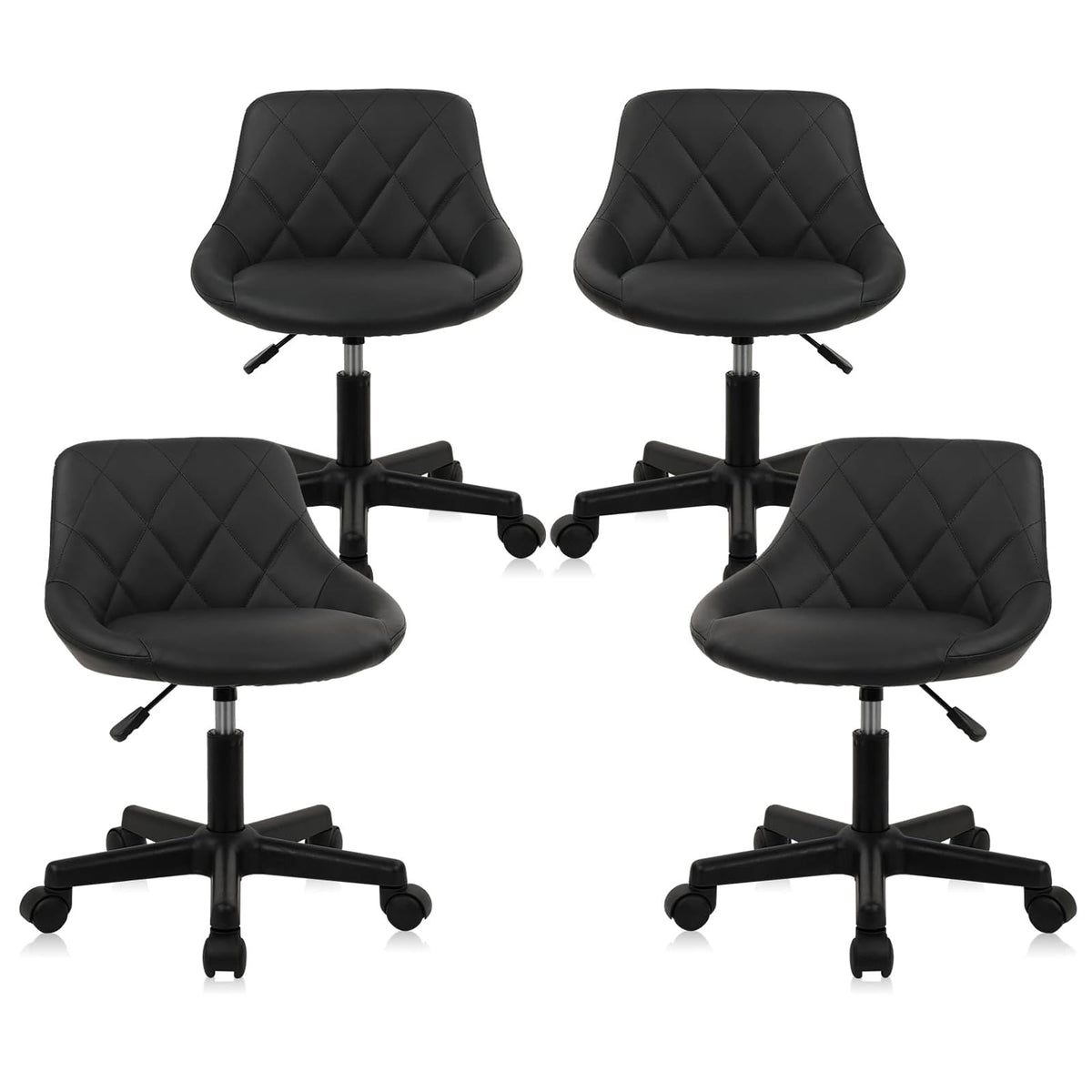 Klasika Black Low Back Rolling Stool Pu Leather Vanity Stools, Set of 4 Makeup Salon Spa Stools, Adjustable Height Ergonomic Swivel Rolling