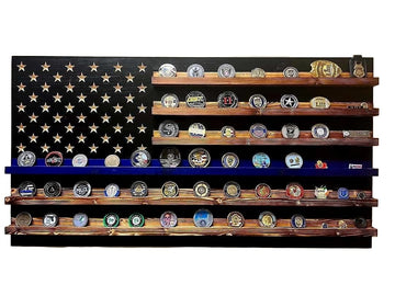 Thin Blue Line Challenge Coin Holder Display, Wooden Shelves hold 90-100 Coins, for Military, Police, Law Enforcement, First Responders, Custom Handmade Quality, Made in Texas
