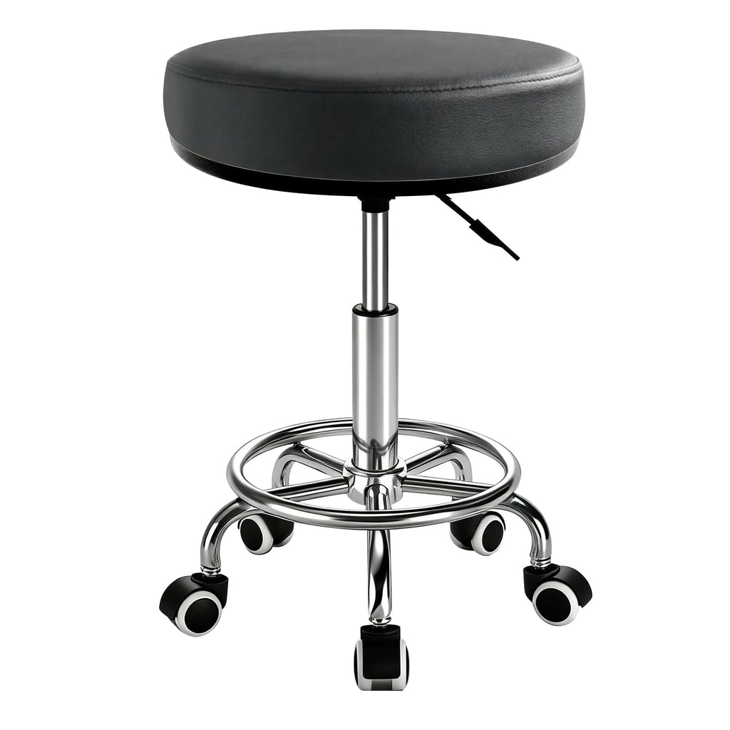 Peonaz Heavy Duty Round Rolling Stool 500lb, Pu Leather 360-degree Support Full-edge Cover Layer Drafting Chair with Wheels, Height Adjustable