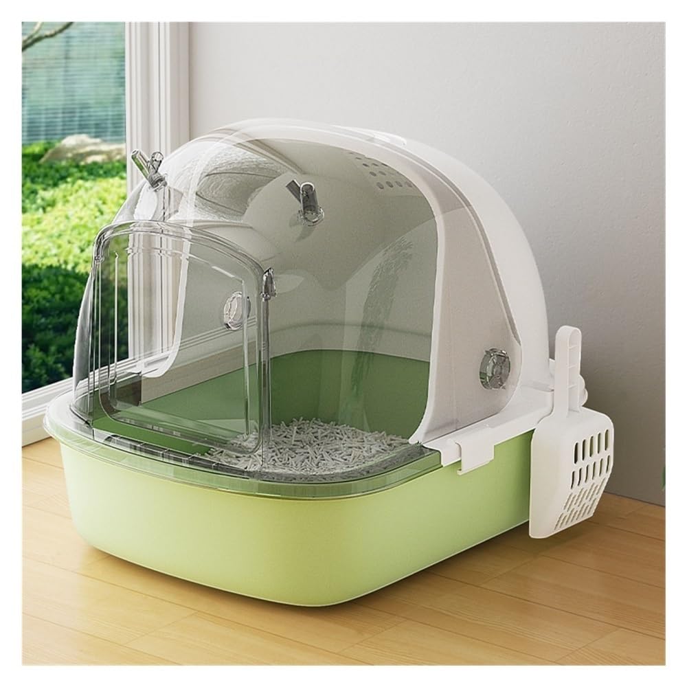 Pet Supplies, Large Cat Litter Box w/Door Flap & Scoop, Semi-Enclosed Tray for All Cats(Green)