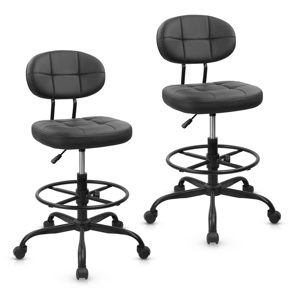 Klasika Drafting Stool with Backrest, Tall Adjustable Height Office Chair, Pu Leather Swivel Rolling Stool with Footrest & Wheels for Standing