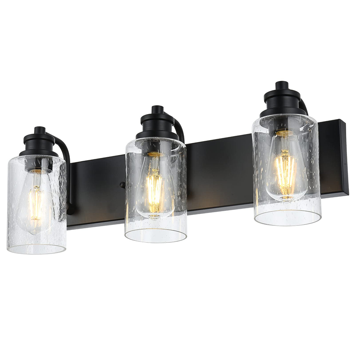 3 Lights Black Vanity Light Fixtures Over Mirror with Seedy Glass Shade,Industrial Wall Mount Lamp Metal Bathroom Lighting