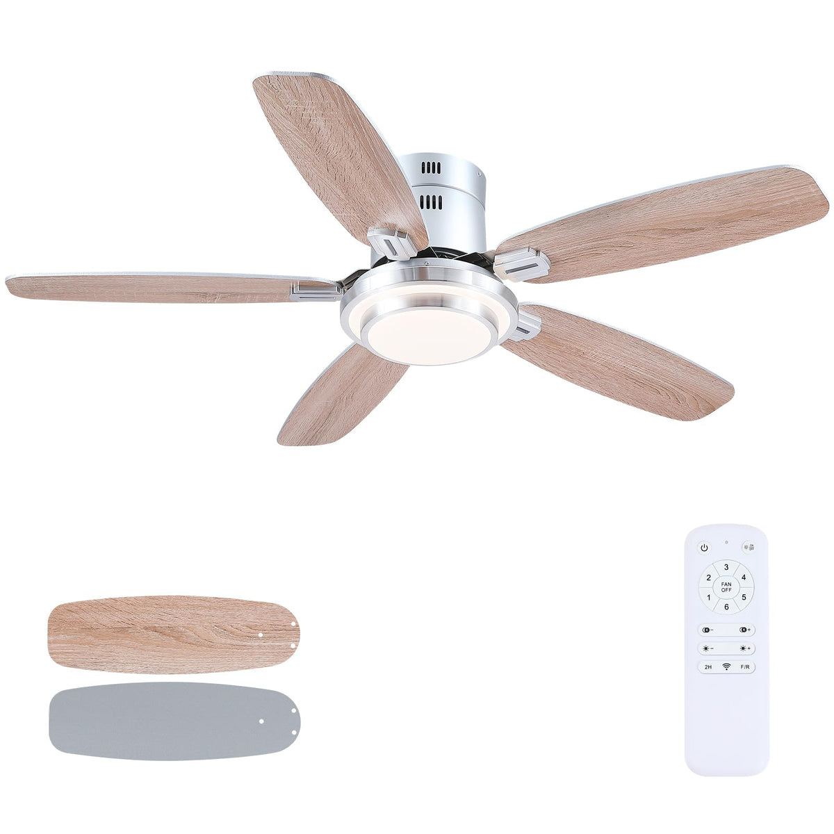 Hounberi 50 Inch Low Profile Ceiling Fans with Lights and Remote, Modern Brushed Nickel Flush Mount Ceiling Fan, 3CCT, Dimmable, Quiet DC Reversible Motor, for Bedroom Living Room Indoor/Outdoor Use