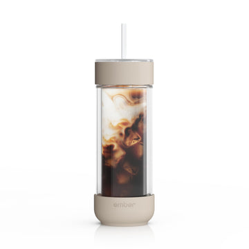 Ember Cold Tumbler 16 oz – Insulated Glass Iced Coffee Cup with Straw & Spill-Proof Lid, Keeps Drinks Cold, Eliminates Condensation, Modern Double-Wall Design, Sandstone