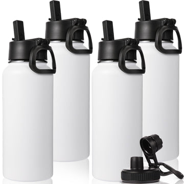 Neihepal 32 oz Insulated Water Bottles Bulk with 2 Lids (Straw & Spout Lid), Stainless Steel Double Wall Water Bottle, Keeps Cold 24H & Hot 12H (White,4 Pack)
