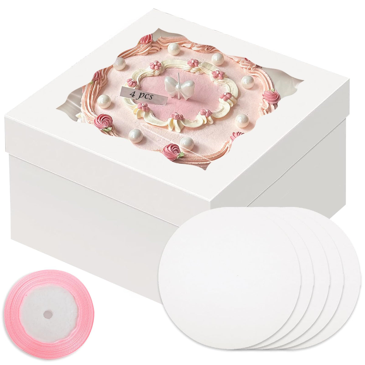 White 10x10x8 Cake Box, 4 Sets Cake Box with Window ? 4 Sets 10" Cake Round Boards, 10inch Cake Containers, 10 Meters Pink Silk Ribbon Includes