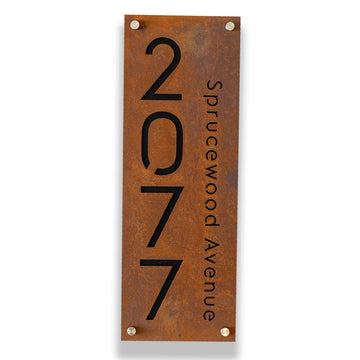 Rusted Iron House Number Sign with Street Name, Outdoor Address Plaque