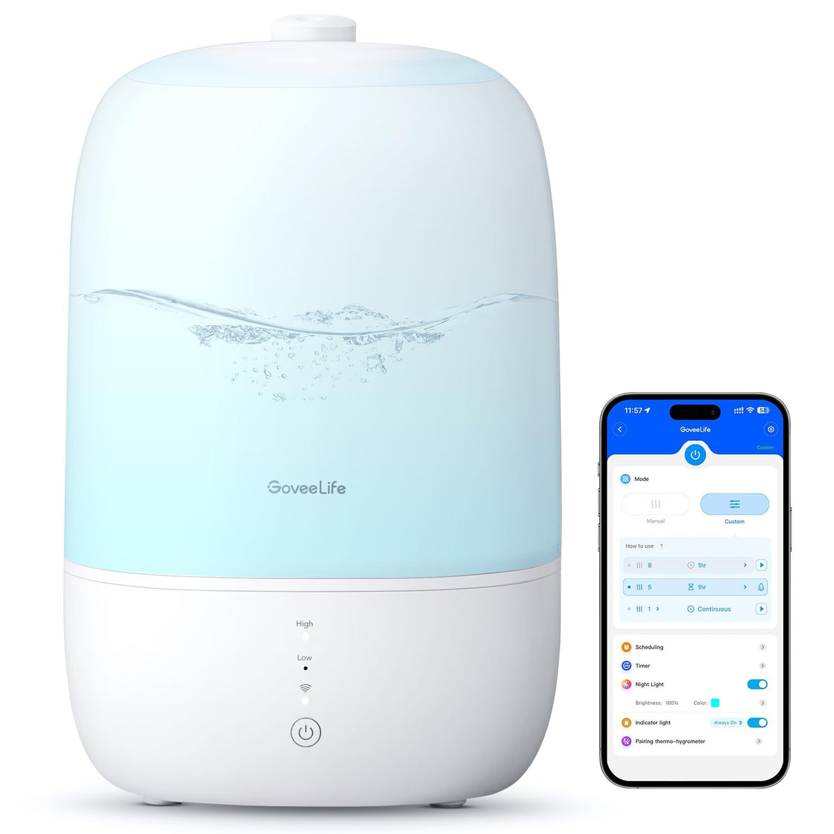 GoveeLife Smart Humidifiers for Bedroom, 3L Top Fill Cool Mist Humidifier, 24dB Quiet Runtime, Humidity Control, WiFi Air Humidifier with Night Light, for Baby, Plants, Home, Work with Alexa