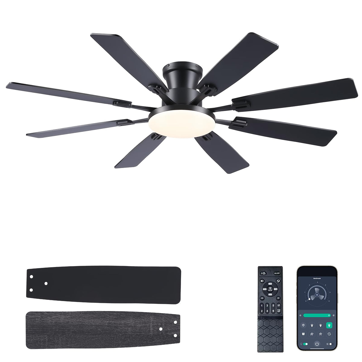 JSAITEE 60Inch Ceiling Fan with Lights and Remotes, Large Low Profile Flush Mount Ceiling Fans,DC Reversible Motor, 3CCT Dimmable,Noiseless,Dual Finish, Black 6 Speeds Ceiling Fan for Indoor/Outdoor