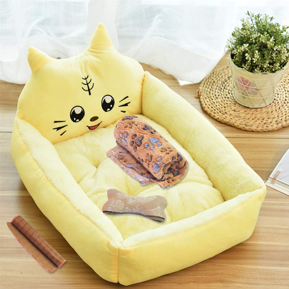 Multi-Size Yellow Pet Supplies Velvet Kennel Cartoon Pet Nest Four Seasons Winter Warm Pet Mat Cat Litter Gift (S)