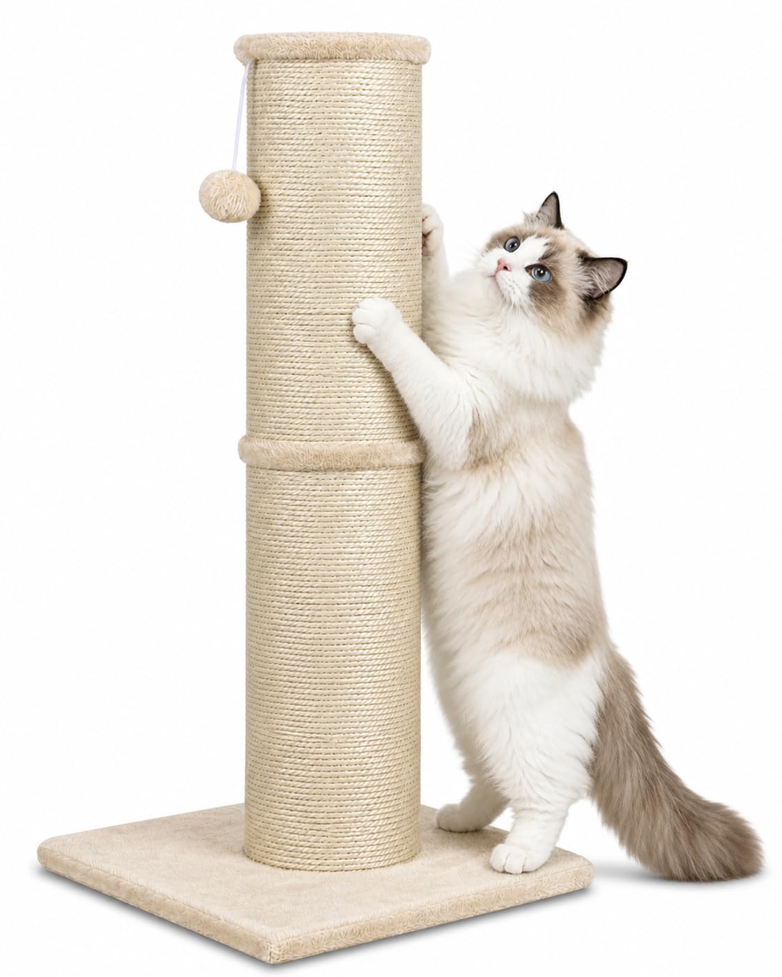 Sisal Cat Scratching Post for Indoor Cats & Kittens, 5.5" Diameter Heavy Duty Vertical Scratcher, 32 Inch Extra Tall Furniture Protector with Stable Base, Beige