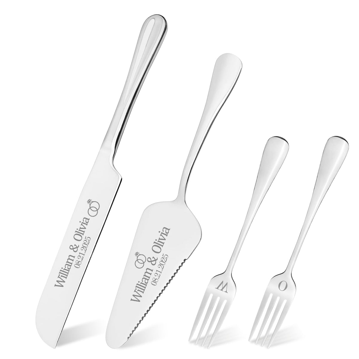 Personalized 4 Piece Cake Cutting Set for Wedding - Custom Cake Knife and Server Set with Forks, Cake Cutter Set Ideal for Wedding Anniversary Bridal Gifts (Silver)