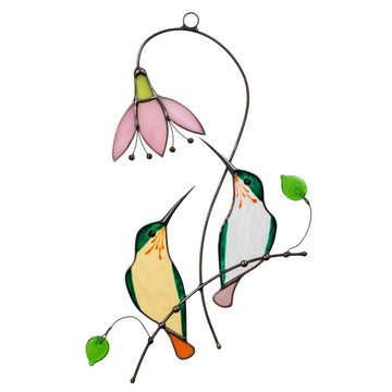 Two Hummingbirds Handmade Stained Glass Suncatcher Window Hanging Decor