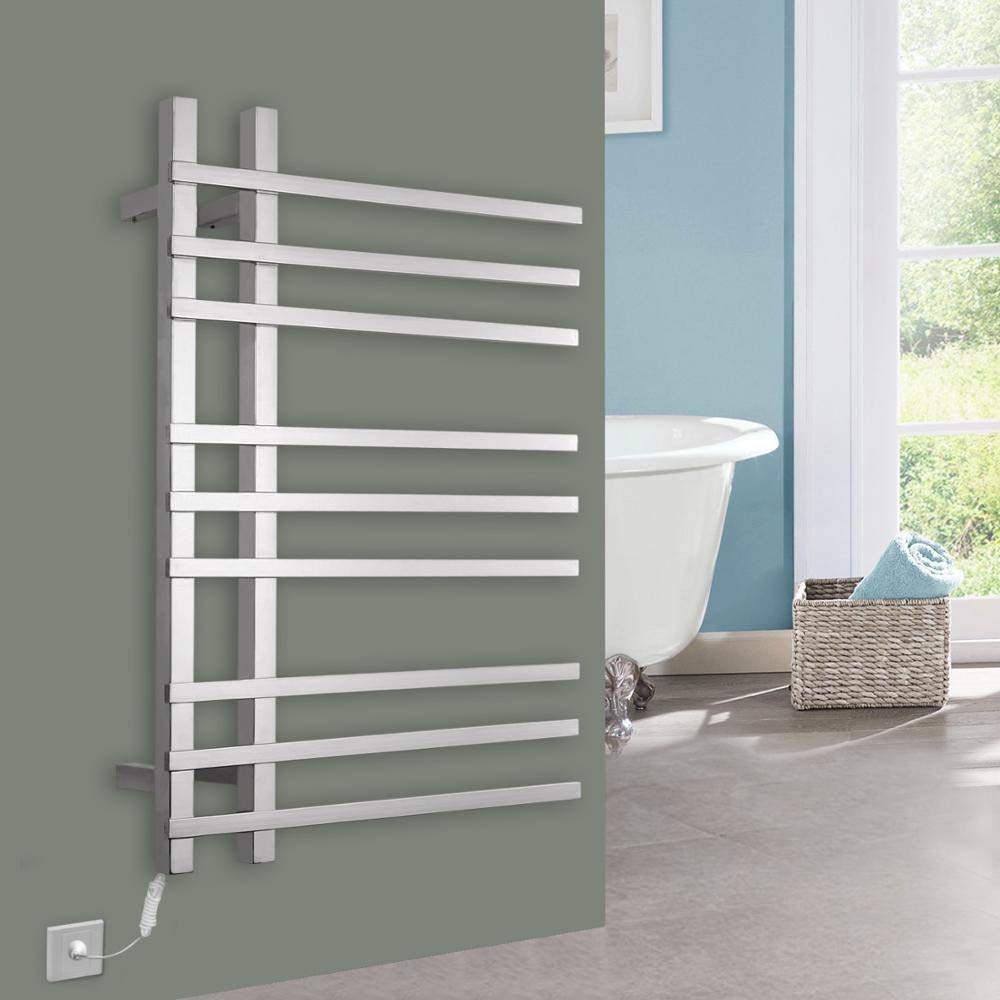 Towel Warmer, Wall Mounted Heated Towel Rail Radiator Square Electric Towel Rack Stainless Steel Towel Heater for Home Bathroom, 9 Bars