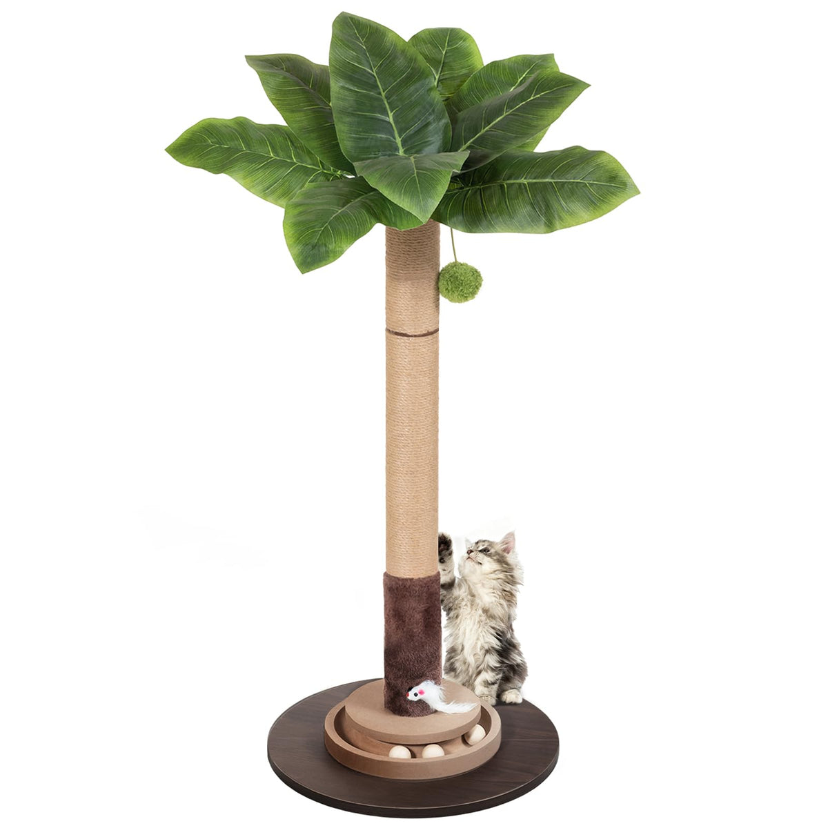 35" Sisal Rope Cat Scratching Post, Palm Leaf Cat Tree with Hanging Ball & Mouse Toy for Kittens & Adult Indoor Cats