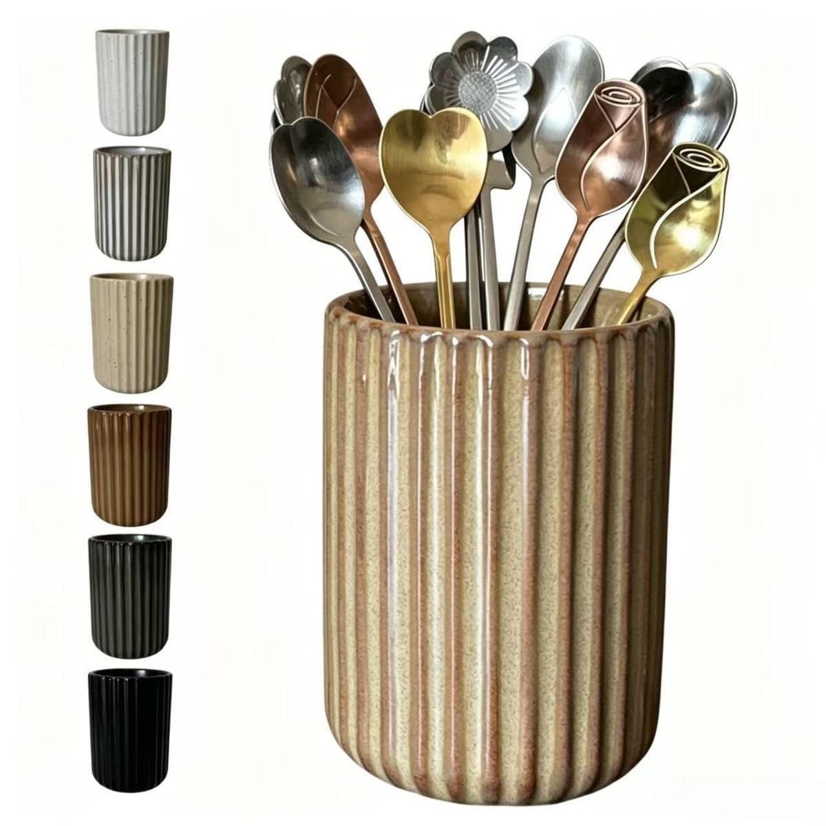 Stoneware Coffee Bar Utensil Holder Tea & Coffee Spoon & Stirrer Holder for Stir Stick Straw Teaspoon Holder Spoon Cup Small Utensil Jar Fluted Vertical Stripe (Rustic Brown)