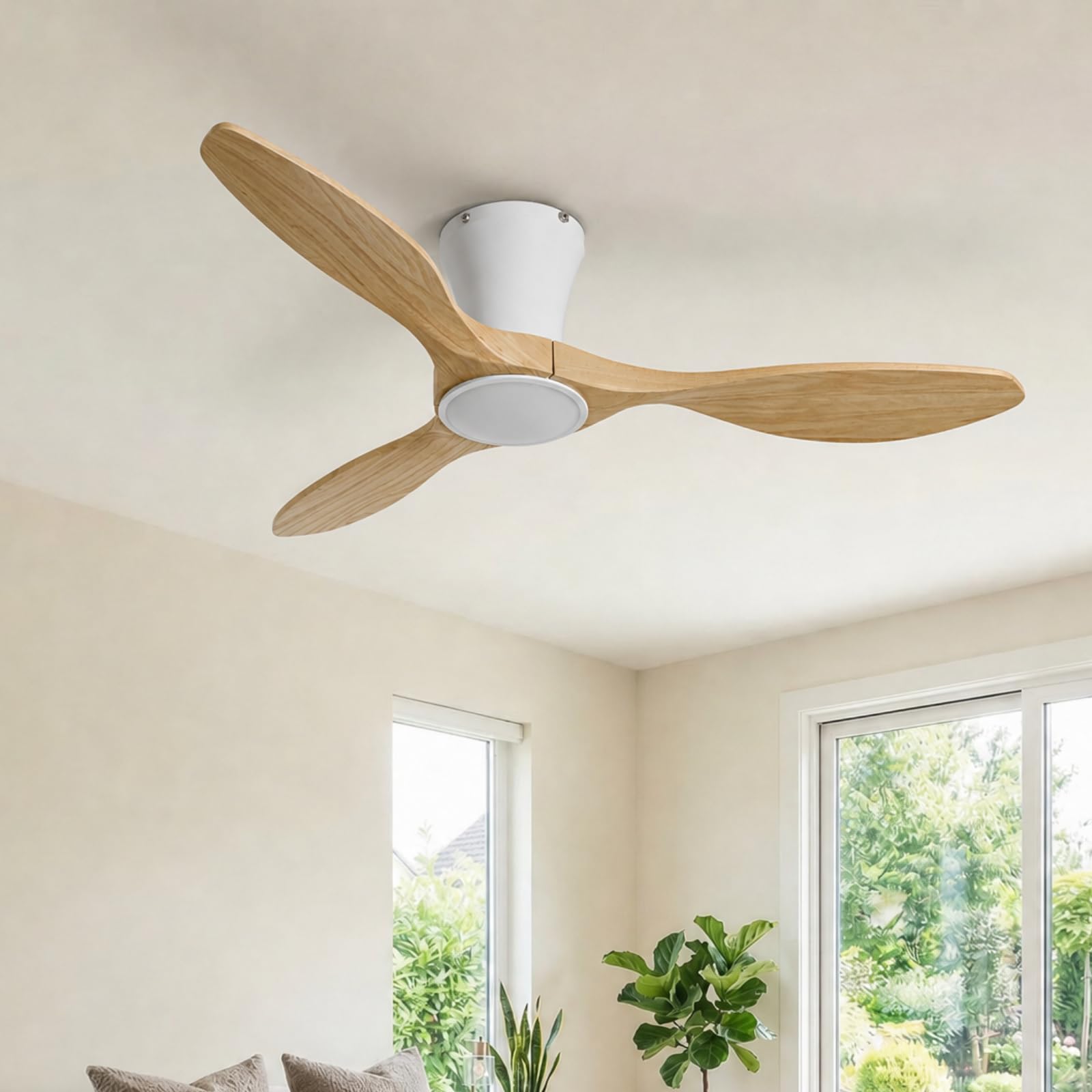 Skylike 42" Flush Mount Wood Ceiling Fan with Lights, 3 Blade Low Profile Farmhouse Ceiling Fan with Remote Control,Quiet Indoor/Outdoor Light Walnut Ceiling Fan for Patio,Gazebo, Balcony, Living Room