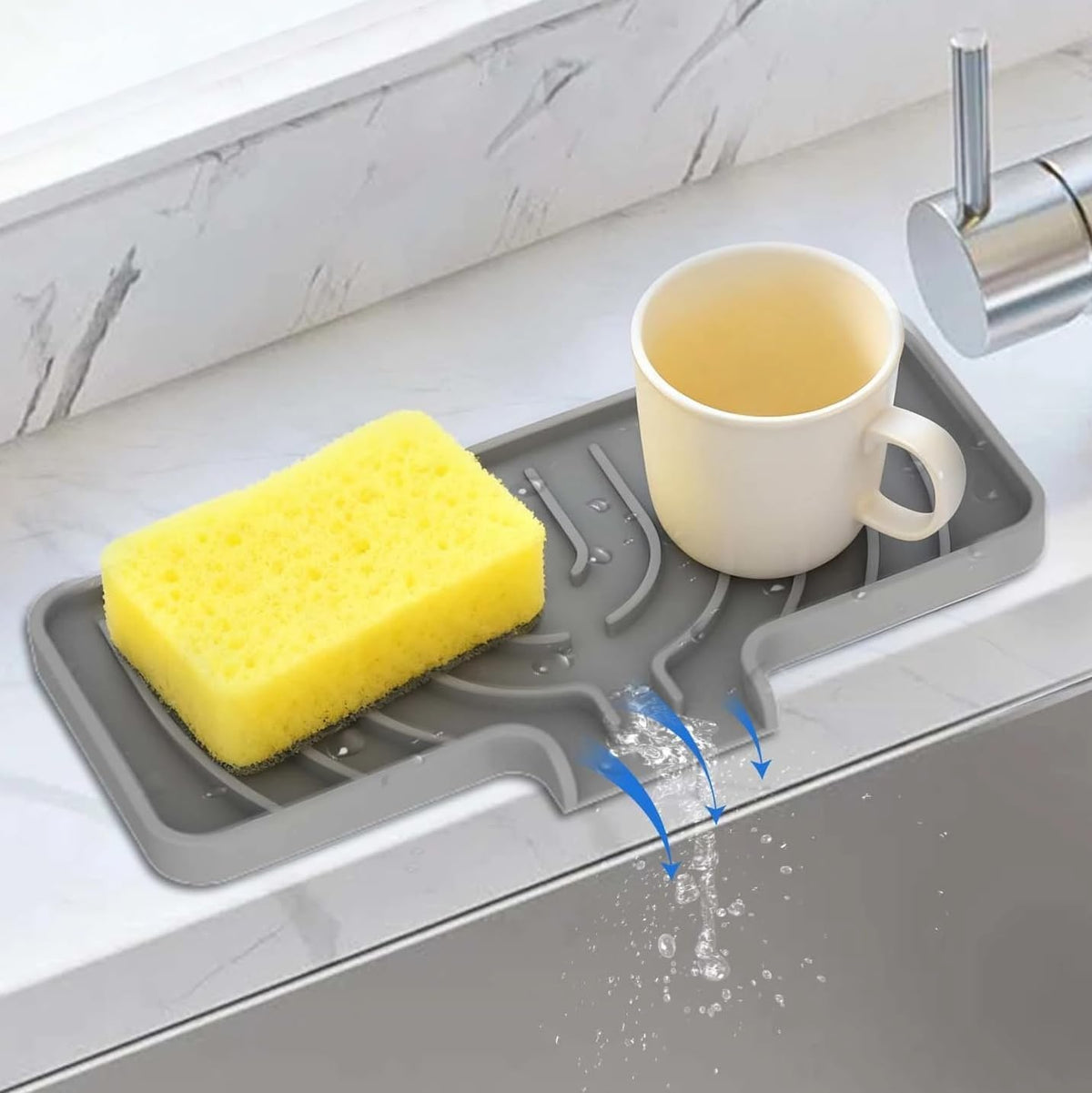 Silicone Sponge Holder for Kitchen Sink, (10x4 In) Sink Caddy with Drain Spout, Self Draining Soap Tray & Organizer, Kitchen Accessories,Bathroom Organizer, Easy to Clean (Grey)