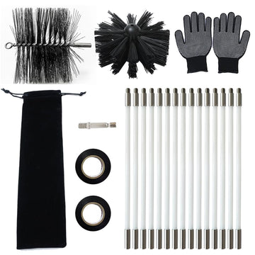 Wire Chimney Cleaning Brush with 5/16" Fitting and 15 Rods, 6 Inch Round Steel Chimney Cleaning Brush, 6 Inch Nylon Brush,16 Inch Long Rods for Fireplace Duct Or Other Streight Duct