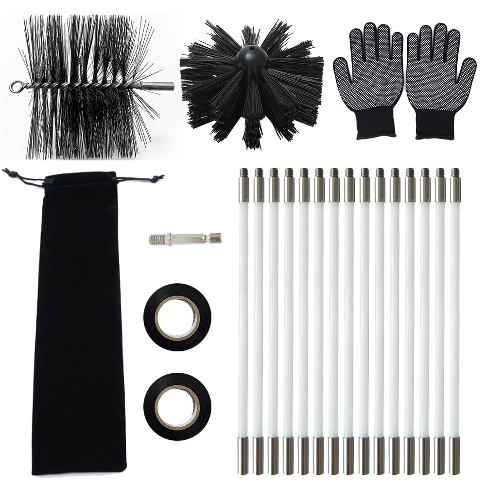 Wire Chimney Cleaning Brush with 5/16" Fitting and 15 Rods, 6 Inch Round Steel Chimney Cleaning Brush, 6 Inch Nylon Brush,16 Inch Long Rods for Fireplace Duct Or Other Streight Duct