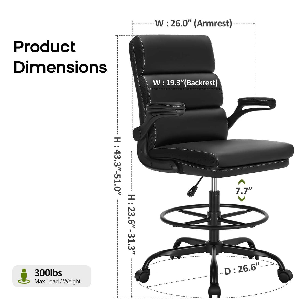 Amseatec Drafting Chair, Tall Office Chair with Footrest for Standing Desk, Small, Black