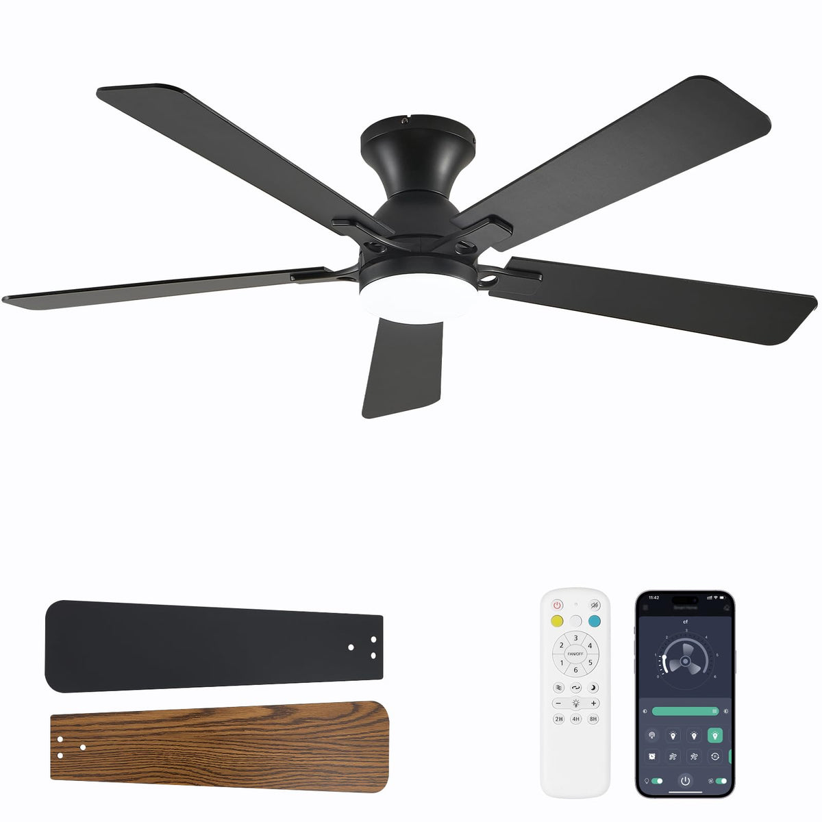 Ceiling Fans with Lights, 52 Inch Low Profile Ceiling Fan with Light and Remote Control, Flush Mount, Reversible, 3CCT, Dimmable LED, Quiet, Black Ceiling Fan for Bedroom, Living Room