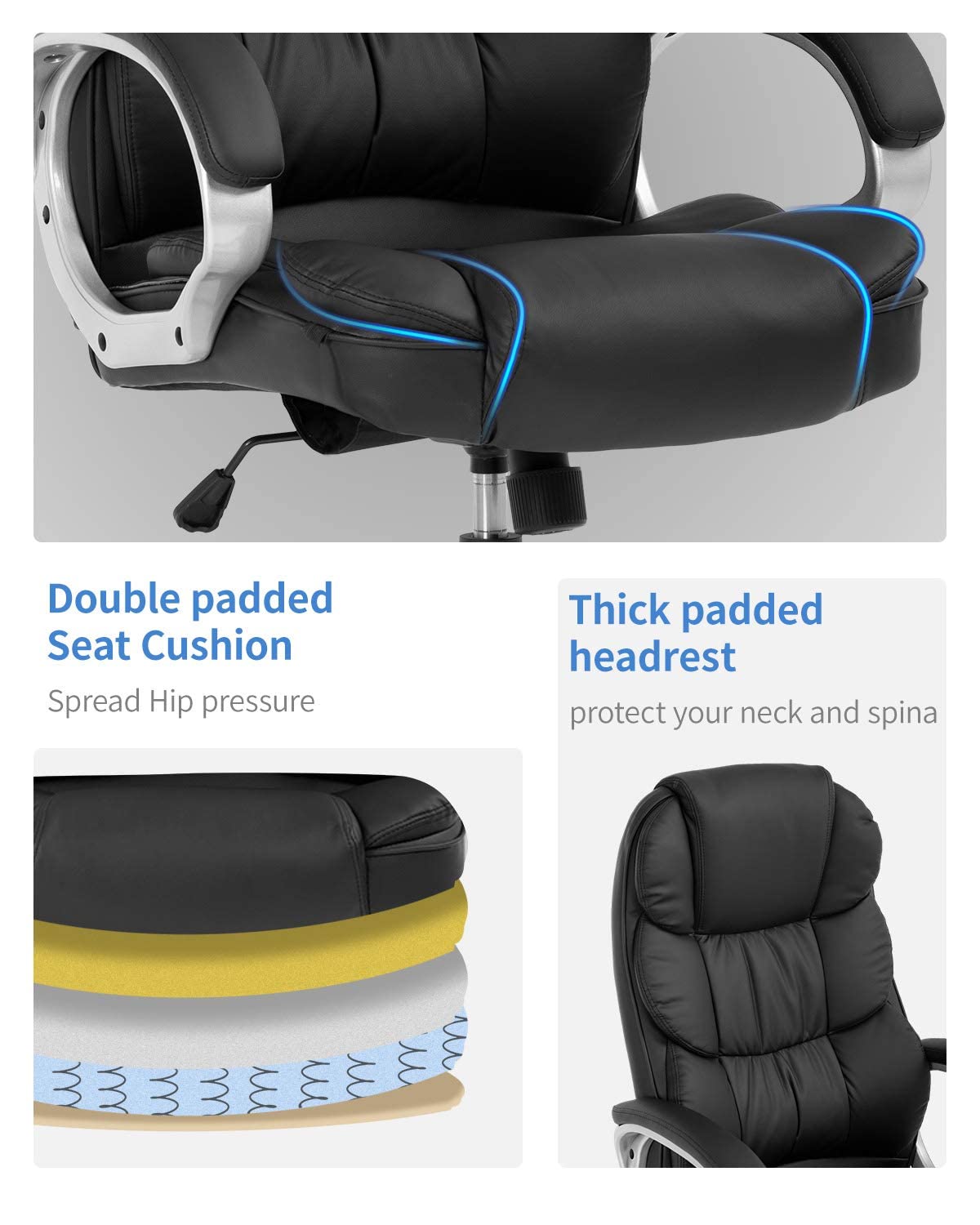 Fdw | High Back Office Chair | Black, Pu Leather | with Lumbar Support, 21D x 22W x 48H in