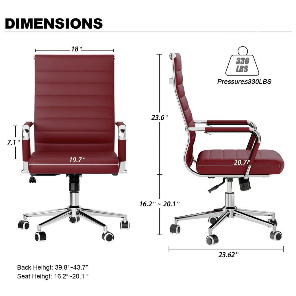 Red Office Desk Chair, Ergonomic Leather Modern Conference Room Chairs, Executive Ribbed Height Adjustable Swivel Rolling Chair for Home
