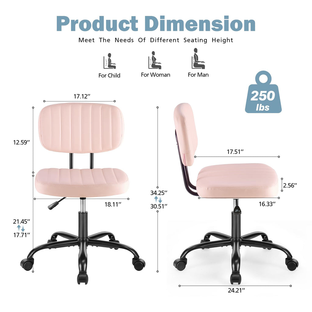 Dumos Armless Office Chair, Small Home Desk Chair, Lumbar Support, Compact, Pink